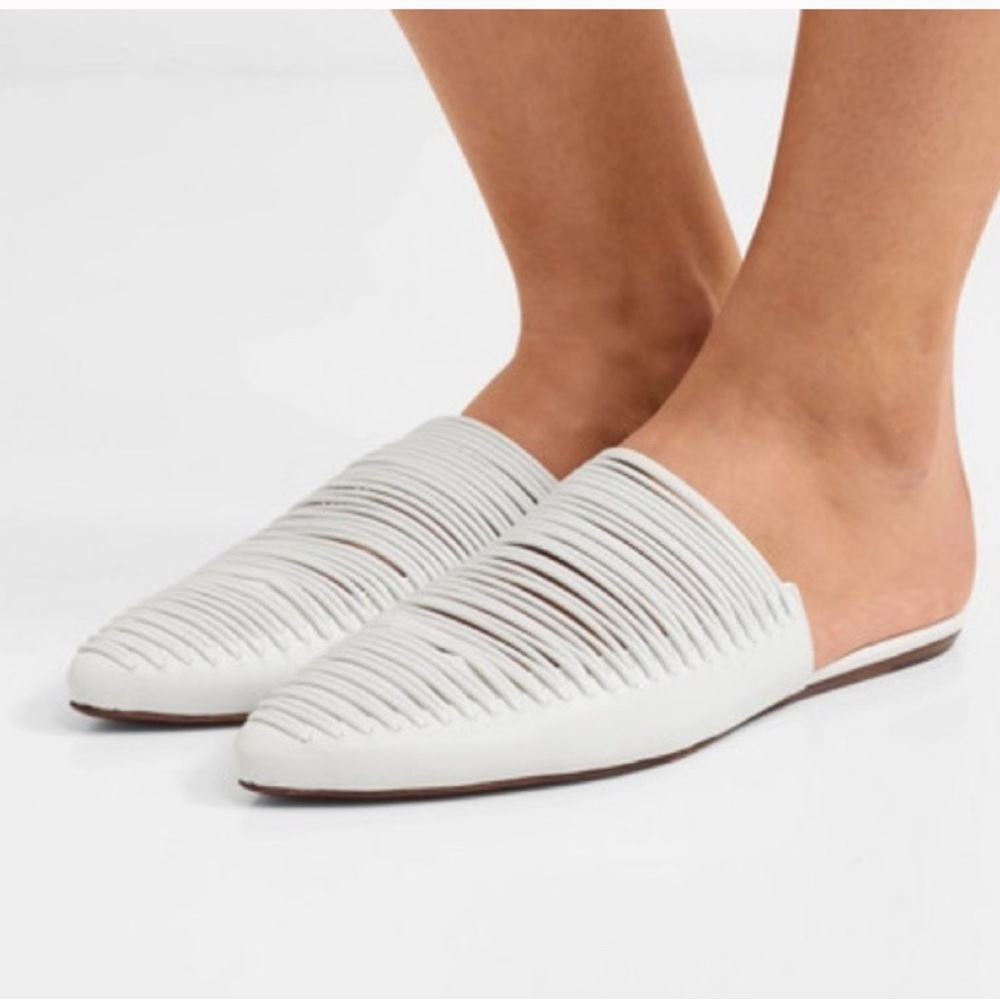 NIB Tory Burch Sienna Flat White Leather Mules with Ribbed Detailing